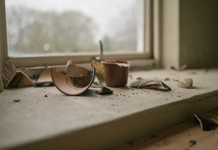 A cracked, broken clay pot and spilled soil on a quiet windowsill