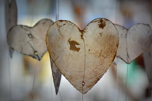 Rustic wooden hearts hanging on strings against a soft, blurred background