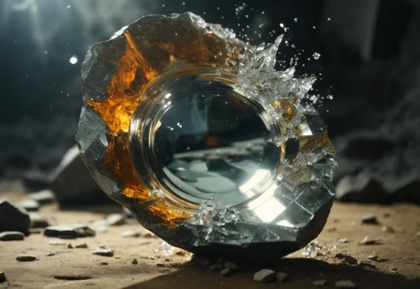 A hard stone cracked open to reveal clear glass and water, an image of old patterns breaking apart